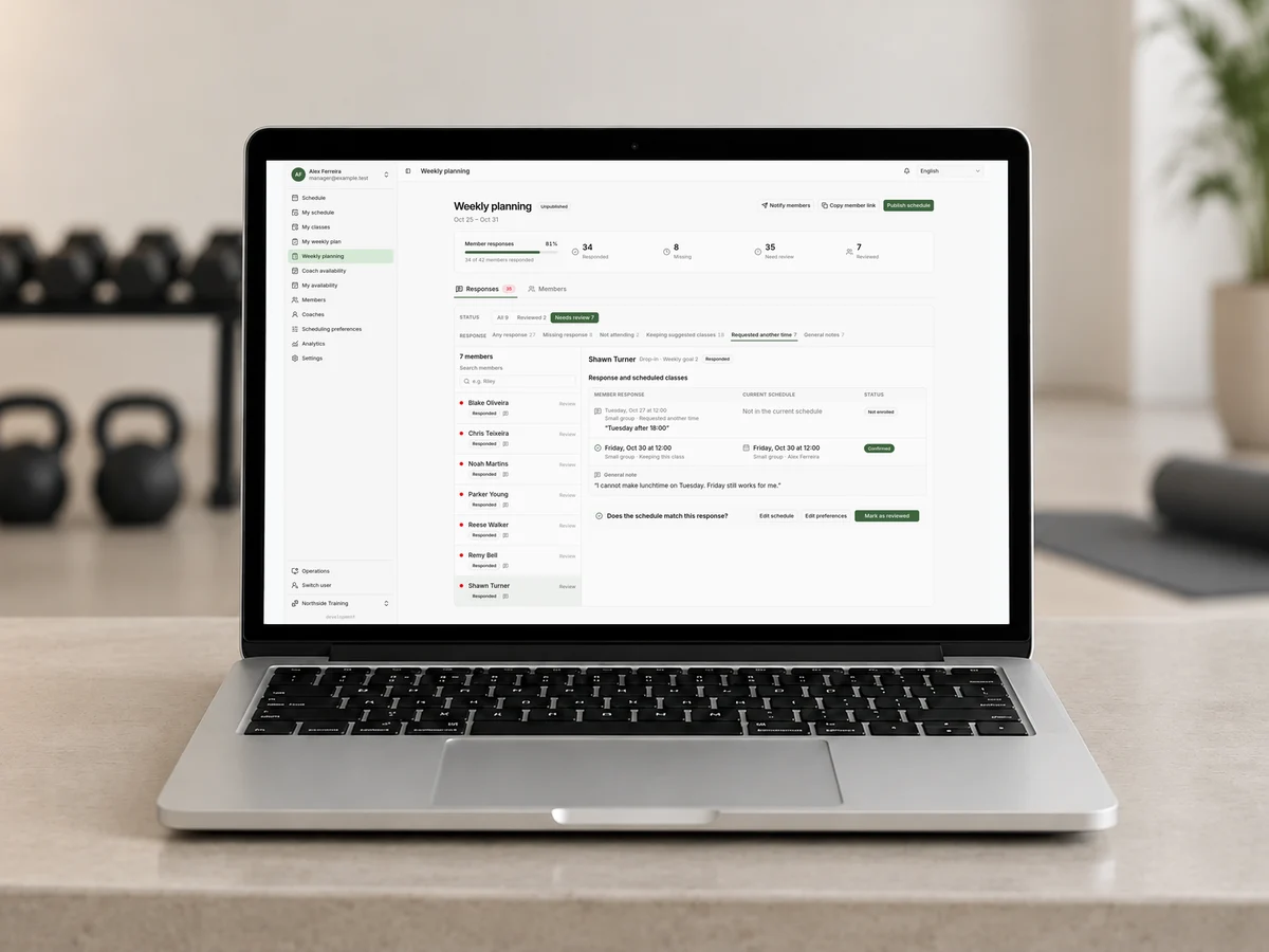 Laptop mockup displaying the fitness studio's weekly planning workspace.